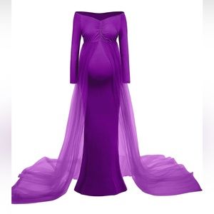 Maternity purple maxi dress with tulle overlay.